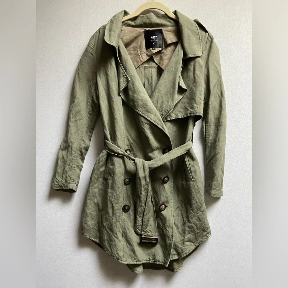 Bess Linen Rayon Double Breasted Belted Utility Midi Trench Jacket Size S